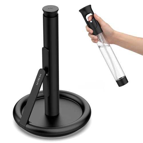Paper Towel Holder with Spray Bottle, Countertop Freestanding Paper Towel Dispenser with Spring-Loaded Tension Arm for One-Handed Tear, Weighted Base, Stainless Steel for Kitchen, Black