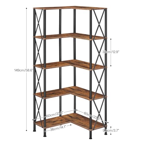 Corner Bookshelf, 5-Tier L-Shaped Bookcase, Industrial Open Display Shelf Tall Storage Organizer, Vertical Storage Rack, for Living Room, Home Office, Rustic Brown and Black BF60SJ01 - view 2