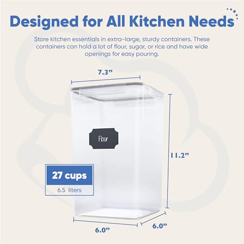 Extra Large Tall Airtight Food Storage Containers, Set of 4, Airtight Food Storage for Flour, Sugar, Rice, Includes Measuring Scoops, Pen, and Labels, 7qt, 220Oz, 6.5L, Transparent - view 4