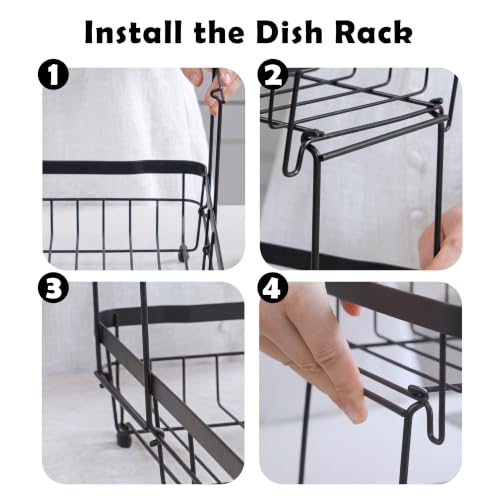 Space Saving 2 Tier Dish Drying Rack for Small Counter,Compact Kitchen Organizer with Drain Tray,Foldable Plate Rack and Cup Holder(Black) - view 2