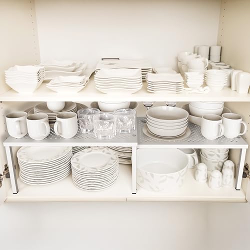 Expandable Stackable Kitchen Counter Shelf Organizer, White, Metal Top, 11.25"L x 7.9"W x 5.4"H - view 2