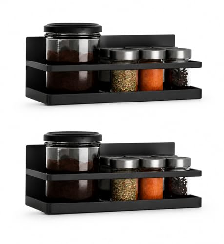 Magnetic Spice Rack Set of 2, Wall Mount or Refrigerator Organizer, Black Matte Steel Kitchen Shelf, Strong Magnetic Back, Drill or No-Drill Installation, Space Saving for Kitchen Organization