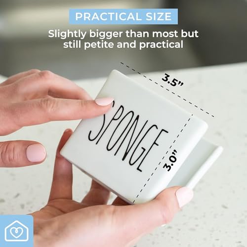 Porcelain Sponge Holder for Kitchen Sink. Compact Sink Caddy Organizer - Scrub Daddy Compatible Dish Sponge Holder. Ceramic Black and White Kitchen Decor and Cute Kitchen Accessories - view 4