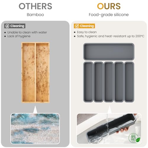 6 Pack Silicone Kitchen Drawer Organizer, DIY Combination Silverware Utensil Tray, Water Repellent, Anti-slip, Heat Resistant to 200°C (Grey) - view 6