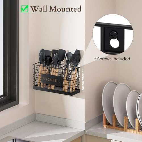 Utensil Holder for Kitchen Counter with Diatomaceous Earth Base, Large Black Metal Cooking Tool Organizer with 3 Compartments, Countertop Utensil Holder for Spatula and Kitchen Utensils - view 3