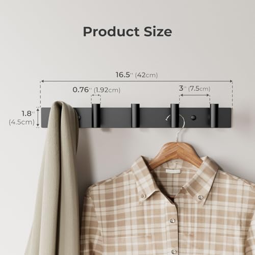 Black Wall Mounted Coat Rack – 5 T-Shaped Hooks on 16.5" Rail, (1 Pack) - view 2