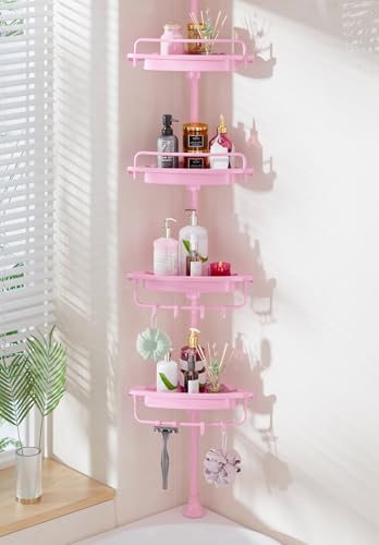 Corner Shower Caddy, 4 Tier Adjustable Tension Rod Shower Caddy, Pink