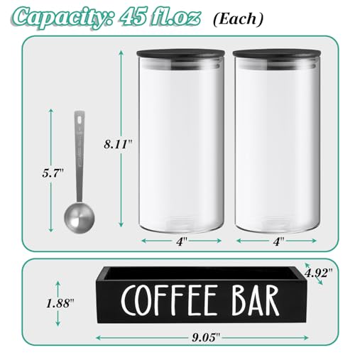 Glass Coffee Canister for Ground Coffee - 2Pcs 45oz Coffee and Sugar Container Set with Airtight Bamboo Lids and Black Tray - Farmhouse Coffee Bean Storage Jars for Coffee Bar Decor and Accessories - view 5