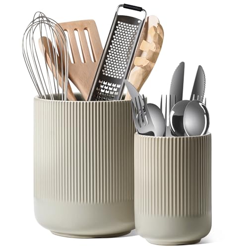 Ceramic Kitchen Utensil Holder for Counter, 7.3/5.4", Oatmeal Gray
