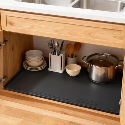 Under Sink Mat 25" X 19", Waterproof Silicone Under Sink Mats for Kitchen, Anti-Leak Shelf Liner & Cabinet Protector with Raised Edge, [BPA Free] Bathroom Tray Home Organizer, Black - view 6