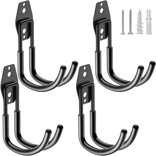 Heavy Duty Garage Hooks 4 Pack, J Shaped Hanger, Wall Mounted Storage System, Power and Garden Tool Organizer, for Hanging Ladders, Bikes Tires, Hose, Bulk Items