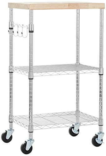 Portable Kitchen 3-Tier Storage Rack on Caster Wheels with Adjustable 2 Shelves, 175 Pound Capacity, 21 x 15 x 36.7 inches (LxWxH), Wood/Chrome