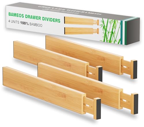 Bamboo Expandable Drawer Dividers – Fits 16.6"–22" Drawers, 2" High, Set of 4 | Spring-Loaded Bamboo Separator for Kitchen Island, Bathroom Vanity & Dresser Drawers