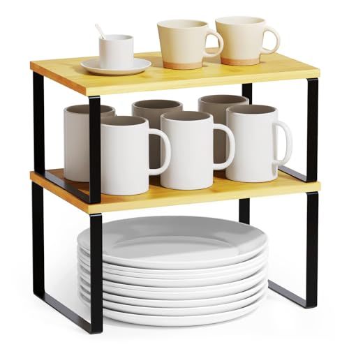 Cabinet Shelf Organizers 2 Pack, Kitchen Counter Rack Shelves Riser, Stackable Expandable Spice Rack, Pantry Cupboard Storage Organization (Black and Natural, Short)