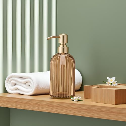 16 Oz Amber Glass Soap Dispenser,Stainless Steel Brushed Gold Pump Vertical Stripes Design for Bathroom Hand Soap & Kitchen Dish Soap,Brown Liquid Soap Dispenser for Countertops ﻿ - view 6