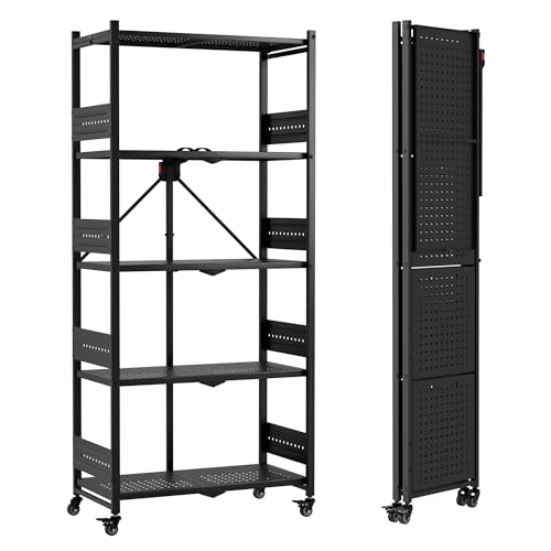 5-Tier Folding Shelf, No-Assembly Metal Storage Rack with Wheels, 750 lbs Capacity (with Leveling Feet), Collapsible Shelving Unit for Kitchen, Pantry, Bathroom & Closet Organization