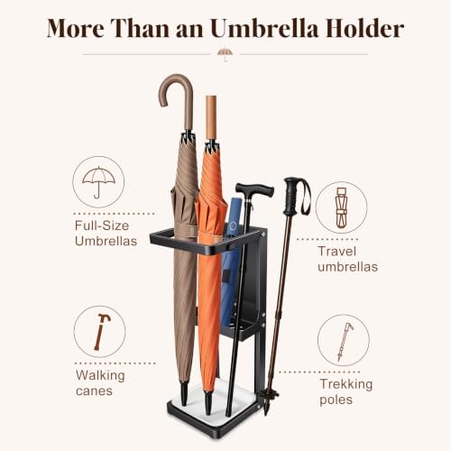 Umbrella Stand for Entryway, Sturdy Metal Umbrella Holder Indoor with Removable Drip Tray, Small Umbrella Rack for Long and Compact Umbrellas, Black Umbrella Storage Stand for Home Office - view 6