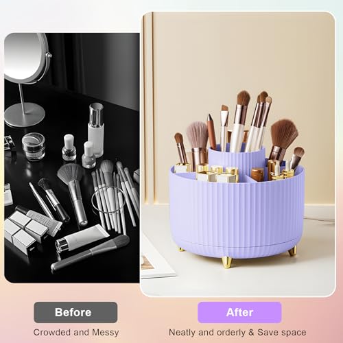 Makeup Brush Holder Organizer,360° Rotating Makeup Brush Organizer,5 Slot Make up Brushes Cup for Cosmetics, Nail Polish, Art Supply, Bathroom Vanity Desktop Organizer - Purple - view 2