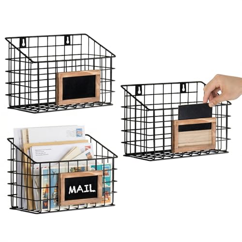 10 Inch Wall Mounted Matte Black Metal Wire Storage Baskets with Chalkboard Labels, Small Hanging Organizer Bins for Home Entryway Kitchen Pantry Closet, Set of 3