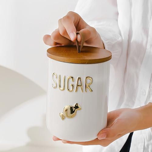 Ceramic Canister Set with Airtight Seal Bamboo Lid Silicone, 27oz Food Storage Jars for Coffee Sugar Tea, Container Set for Kitchen Pantry Counter Decor (Sugar) - view 2