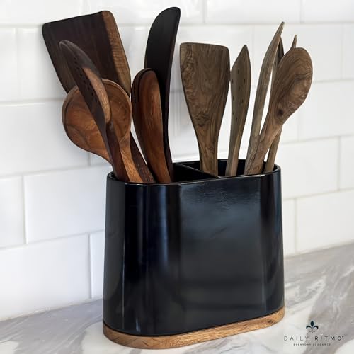 Black Large Oval Utensil Holder with Bamboo Base and Divider