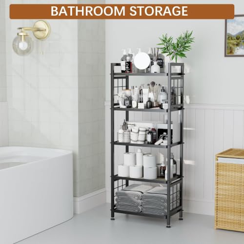 5-Tier Pantry Shelves with Wooden Boards, Heavy Duty Storage Shelves & Book Shelf, Adjustable Metal Shelving Unit for Kitchen Bathroom Laundry Organizer, Sturdy Rust-Resistant, Black - view 7