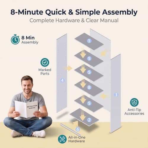 WannabeMyself【Easy Assembly】 Open Display 5-Tier Bookshelf,Storage Organizer,Bookcase for Living Room, Bedroom, Home Office,70.9×11.6×23.6,White - view 4
