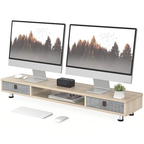 Dual Monitor Stand, 2-Tier Desk Organizer with Drawers, 42.5in, Oak