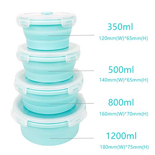 Round Collapsible Silicone Bowls Silicone Food Storage Containers with Airtight Lids for Kitchen, RV or Silicone Lunch Boxes, Microwave and Freezer Safe, Set of 4, Blue - view 2