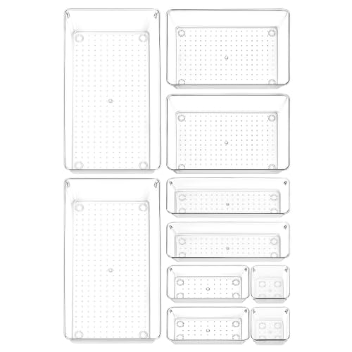10 Pack Clear Drawer Organizer, 5 Sizes, Non-Slip Storage Trays