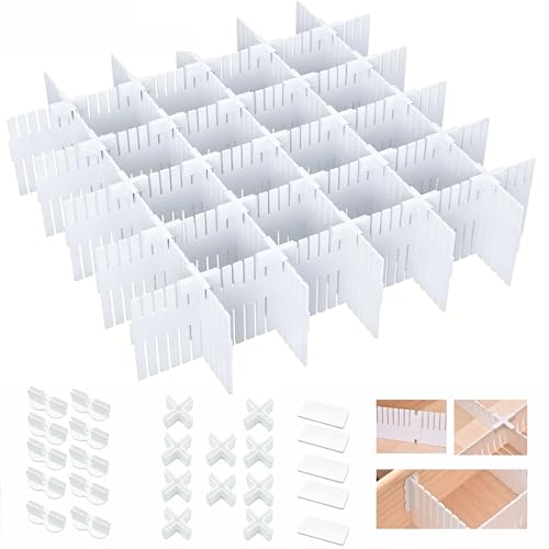 20 PCS Drawer Divider with 25 Accessories, Adjustable Drawer Organizer Inserts, 12.6" x 2.76" x 0.08" White Drawer Plastic Separators for Clothes, Kitchen, Bathroom, Office Storage