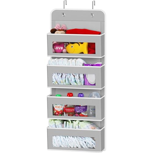 4 Clear Window Pocket Over Door Hanging Organizer, Gray