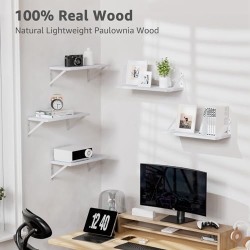 Wall Shelves 7.3" Deep Solid Paulownia Wood (White, Set of 2) - view 5