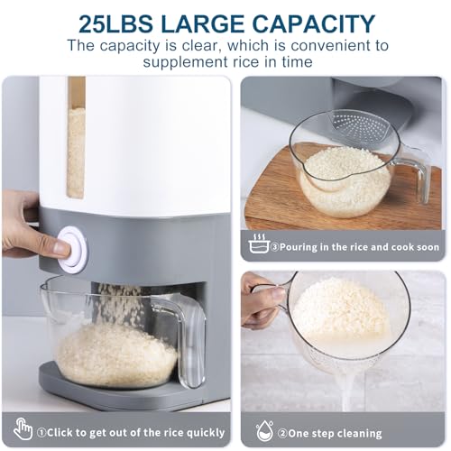 22.5-25 Lbs Gray Rice Dispenser, Rice Container with Lid, Rice Storage Container with Measuring Cup, Food Dispenser Rice Container, Storage Container for Cereal, Household Rice Bucket - view 4