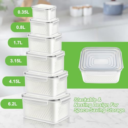 12 Pieces Fruit Storage Containers for Fridge Organizers and Storage, 6 Pack Large Produce Saver with Airtight Lid & Colander for Berry Lettuce Salad Vegetable Storage, Refrigerator Organizer - view 2