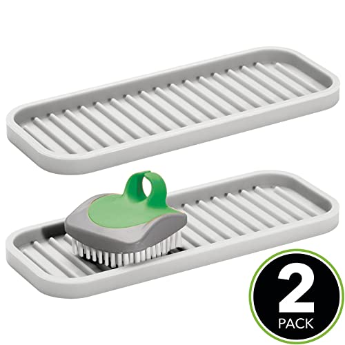 Durable Silicone Kitchen Sink Storage Organizer Tray - Holder for Sponges, Soap, Scrubbers - Ribbed Base, Quick Drying, Waterproof, Non-Slip - Linelle Collection - 2 Pack - Light Stone Gray - view 2