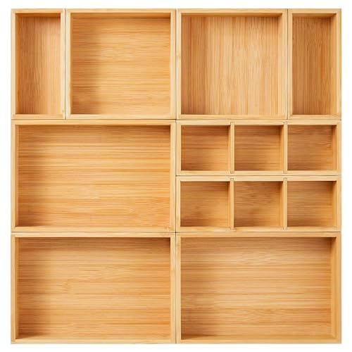 Drawer Organizer, Set of 9 Bamboo Wood Kitchen Makeup Desk Junk Tea Drawer Storage Boxes Bins for Cutlery Silverware Utensils Flatware, Small Wooden Container Tray for Bathroom, Office