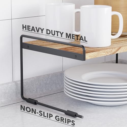 Cabinet Shelf Organizers 2 Pack, Kitchen Counter Organizer Rack Under Shelves Riser, Pantry Cupboard Storage Organization, Metal and Wood, Black and Natural, 16" Wide - view 6