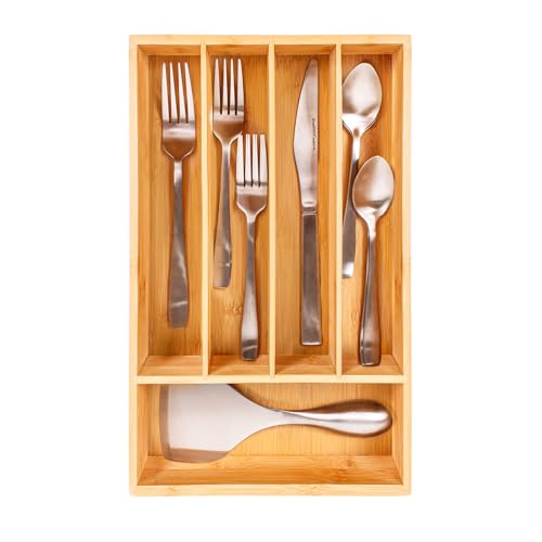 Bamboo Kitchen Drawer Organizer, 5 Slot, 13.5"x8.25" Flatware Tray