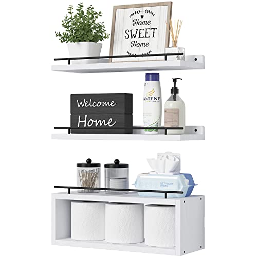 Floating Shelves for Wall with Cube Shelf, Wall Shelves with Metal Rail for Decor, Bathroom Organizers and Storage, Over Toilet Shelves for Bathroom, Toilet Paper-White