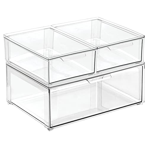 Plastic Stackable Bathroom Storage Organizer Bin Containers with Front Pull Drawer for Bathroom Countertop, Vanity, Closet Shelves - Holder for Accessories, Lumiere Collection, Set of 3, Clear - view 7