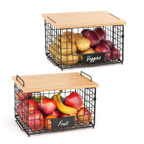 2 Pack Stackable Wire Baskets with Bamboo Top,Pantry Organizers Counter - view 6
