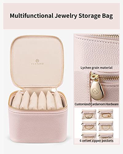 Travel Jewelry Case with 6 Clear Velvet Zipper Pouches,Pink - view 4
