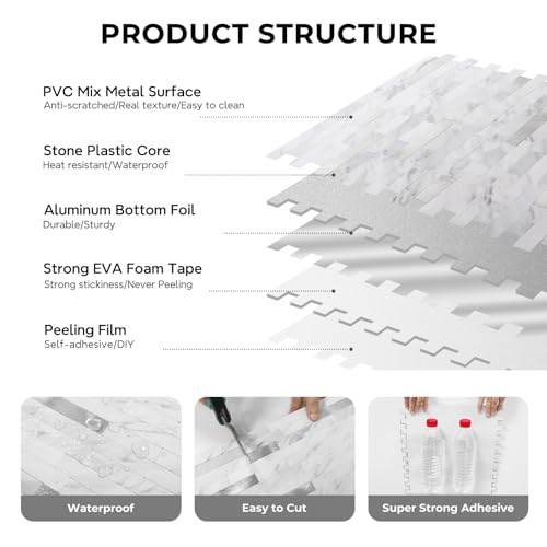 Peel and Stick Backsplash, PVC Wall Tiles Stick on Backsplash for Kitchen(10 Sheets, White Marble with Metal Silver) - view 5