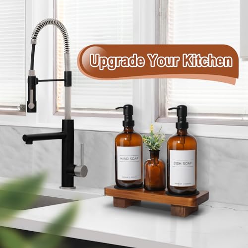 Kitchen Soap Dispenser Set with Wood Riser Tray, Amber Glass Soap Dispenser with Stainless Steel Pump, Hand and Dish Soap Dispenser Set for Kitchen, Soap and Lotion Dispenser Bathroom Decor(Amber) - view 5