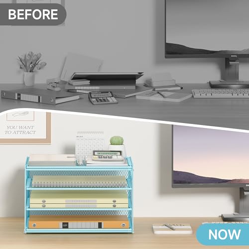 4 Tier Paper Organizer with Handle,Letter Tray Blue Desk Organizer Set - view 3