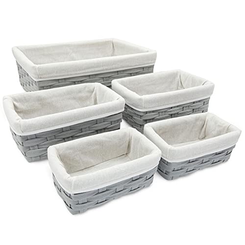 Wicker Nesting Baskets with Cloth Lining - 5-Pack Gray Rectangular Set - Stackable Storage Bins & Lined Baskets for Organizing Pantry, Closet
