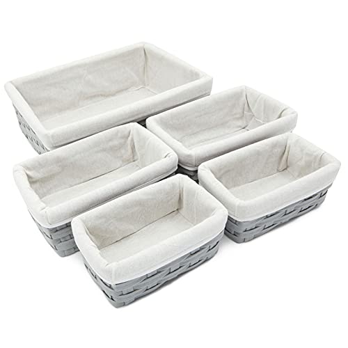 Wicker Nesting Baskets with Cloth Lining - 5-Pack Gray Rectangular Set - Stackable Storage Bins & Lined Baskets for Organizing Pantry, Closet - view 4