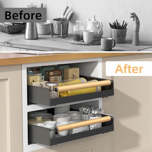 2 Pack 15.3'' Deep Expandable Slide Out Cabinet Shelf No-Drill Pull Out Drawer with Nano Film Adhesive, Heavy Duty Pull Out Tray for Kitchen, Pantry & Bathroom, Black - view 7