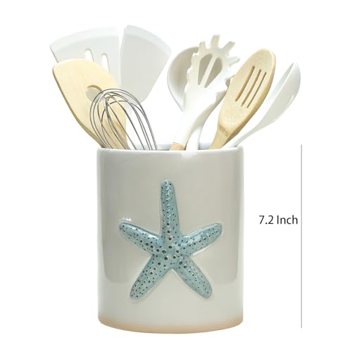 Ceramic Starfish Embossed Utensil Holder, Large Cooking Utensil Crocks for Countertop, Ocean Style Utensil Organizer for Spatula - view 2